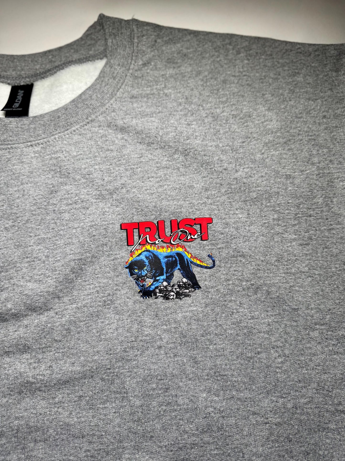 Gray t-shirt with a colorful graphic and 'TRUST' text on a plain background