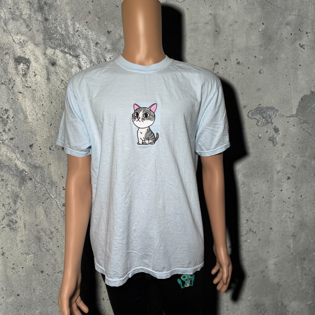 Embroidered Cat Shirt – Unisex Embroidery Top, Handmade Apparel - Chambray