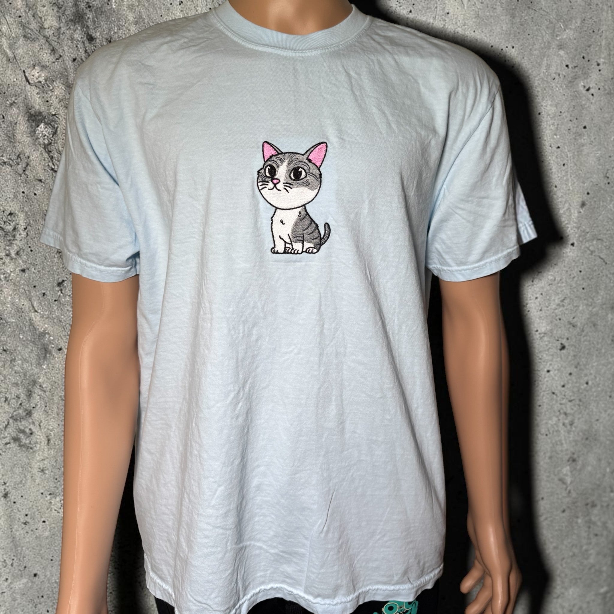 Embroidered Cat Shirt – Unisex Embroidery Top, Handmade Apparel - Chambray