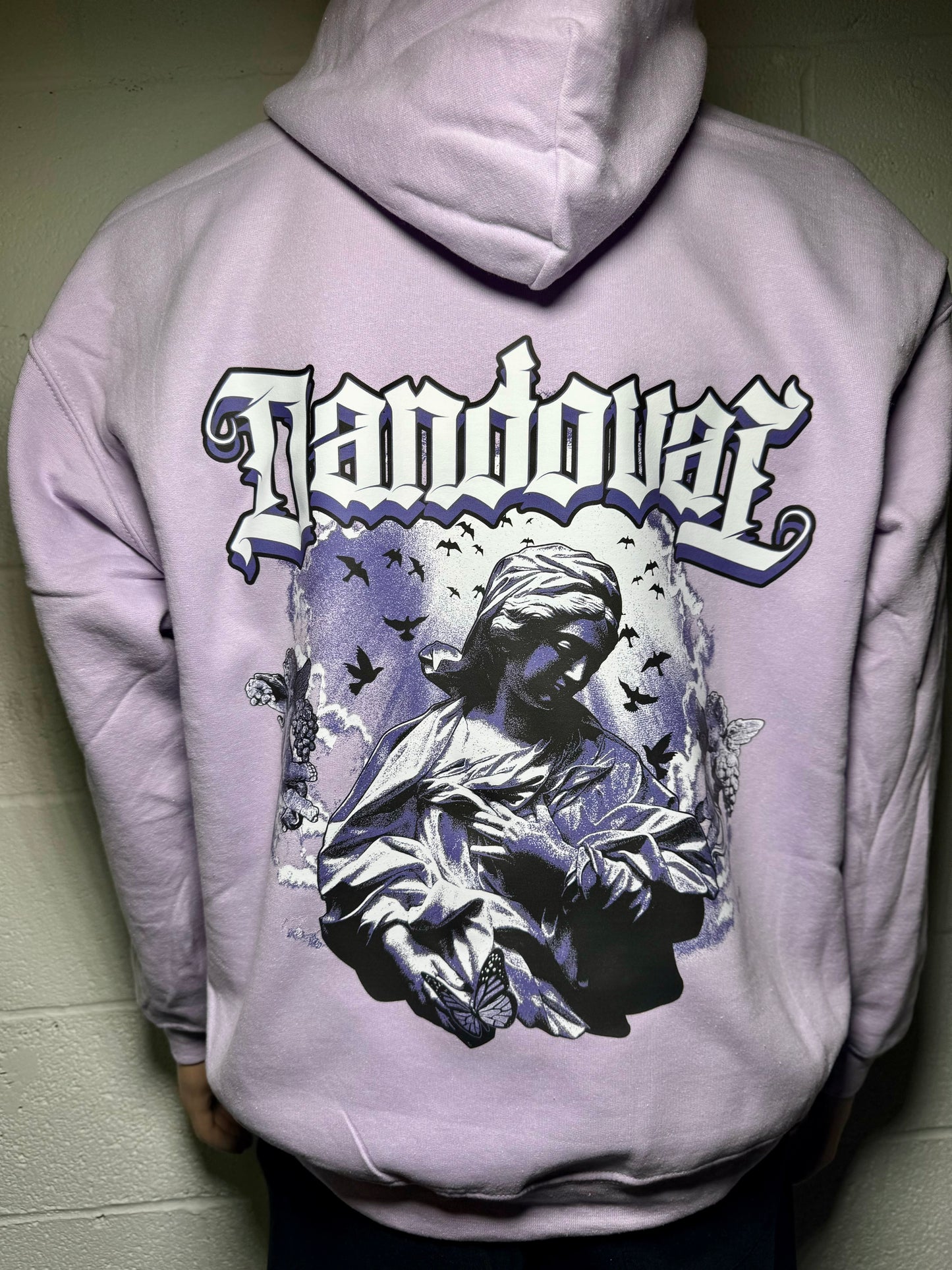 "Back view of the Angel Hoodie showcasing a unique print design, crafted from 8 oz., 50% cotton and 50% polyester for ultimate comfort."

