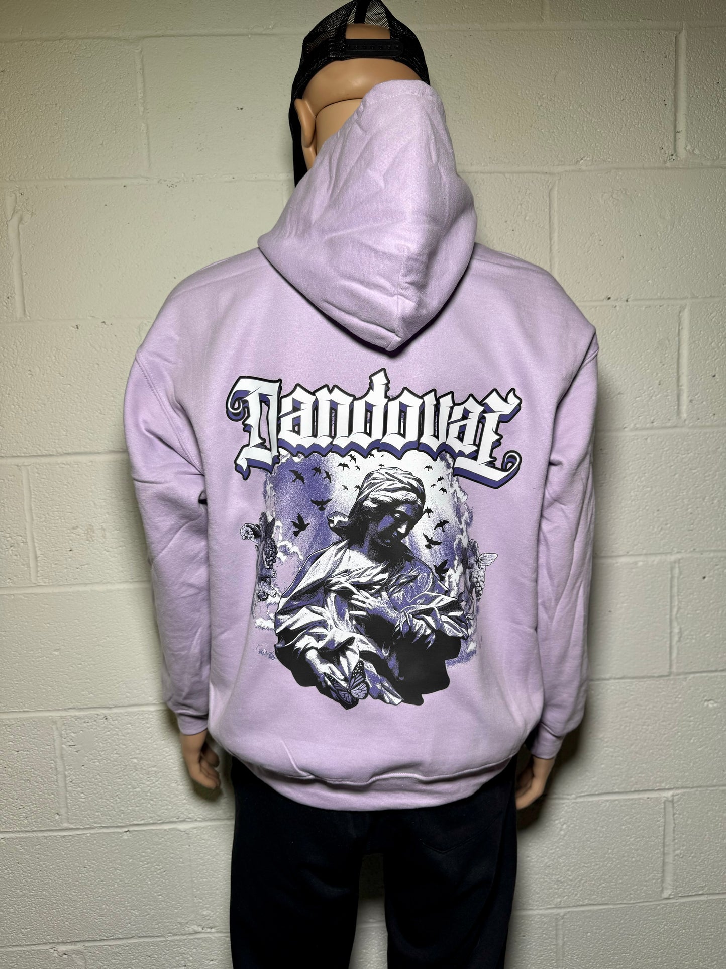 "Back view of the Angel Hoodie showcasing a unique print design, crafted from 8 oz., 50% cotton and 50% polyester for ultimate comfort."

