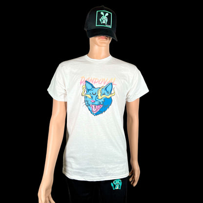 "Front view of Revenge T-Shirt featuring Evil Cat design on 100% combed ringspun cotton"