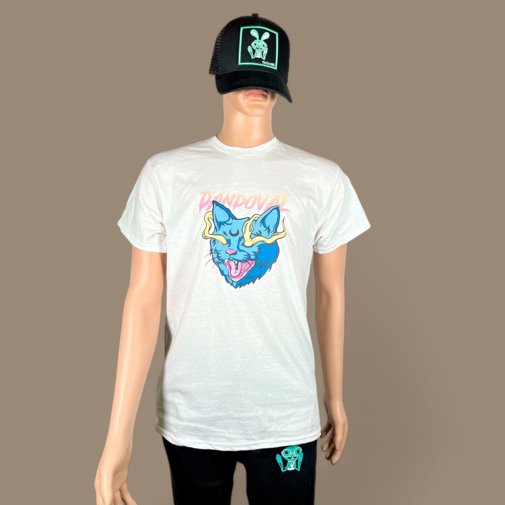 "Front view of Revenge T-Shirt featuring Evil Cat design on 100% combed ringspun cotton"