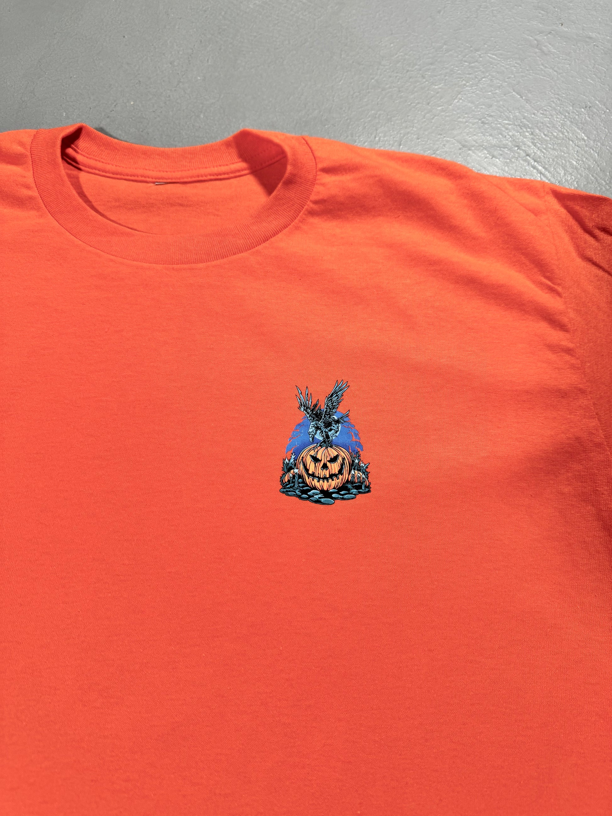 "Unisex Halloween T-Shirt with Front and Back Crow & Pumpkin Print on 100% Preshrunk Cotton - Exclusive Limited Edition Design"