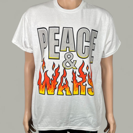 "PEACE & WARS OG Logo T-Shirt with oversized print on 100% preshrunk cotton, premium quality t-shirt displayed on a hanger"