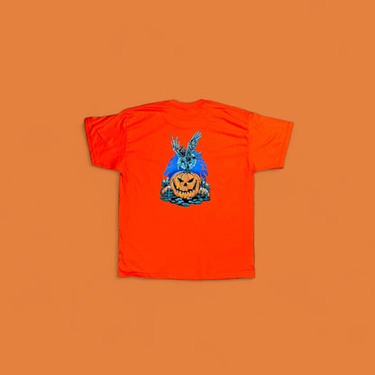 "Unisex Halloween T-Shirt with Front and Back Crow & Pumpkin Print on 100% Preshrunk Cotton - Exclusive Limited Edition Design"