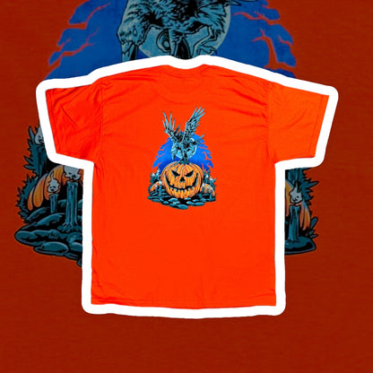 "Unisex Halloween T-Shirt with Front and Back Crow & Pumpkin Print on 100% Preshrunk Cotton - Exclusive Limited Edition Design"