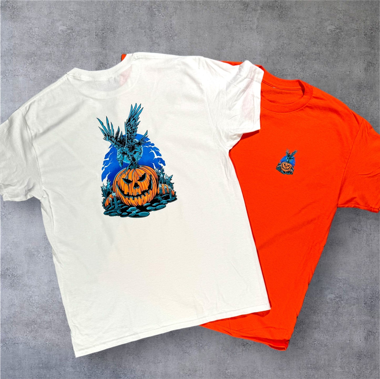 "Unisex Halloween T-Shirt with Front and Back Crow & Pumpkin Print on 100% Preshrunk Cotton - Exclusive Limited Edition Design"