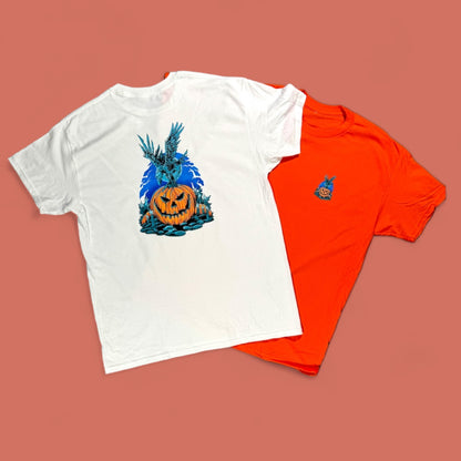 "Unisex Halloween T-Shirt with Front and Back Crow & Pumpkin Print on 100% Preshrunk Cotton - Exclusive Limited Edition Design"