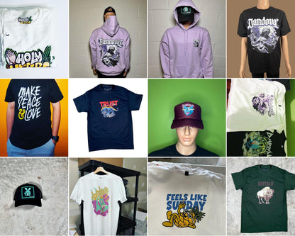 Collage of various t-shirts, hoodies, and hats with different designs on a grid.