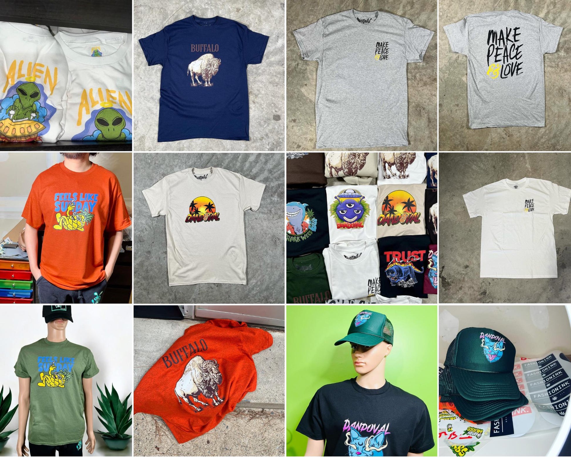 Collection of various t-shirts and hats with different designs on a grid layout.