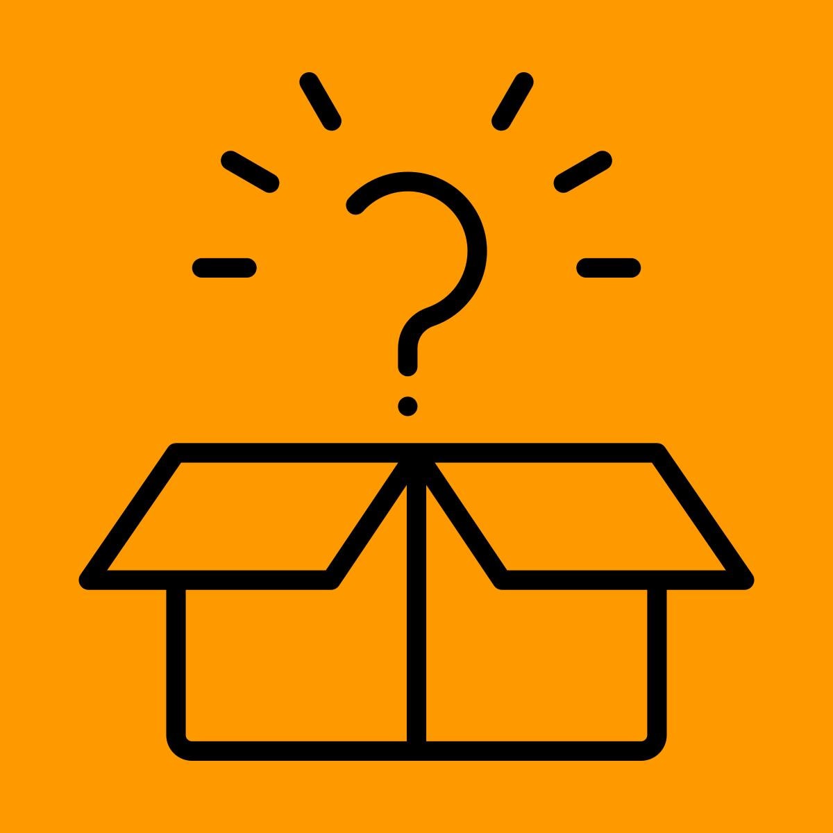 Open box with a question mark on an orange background
