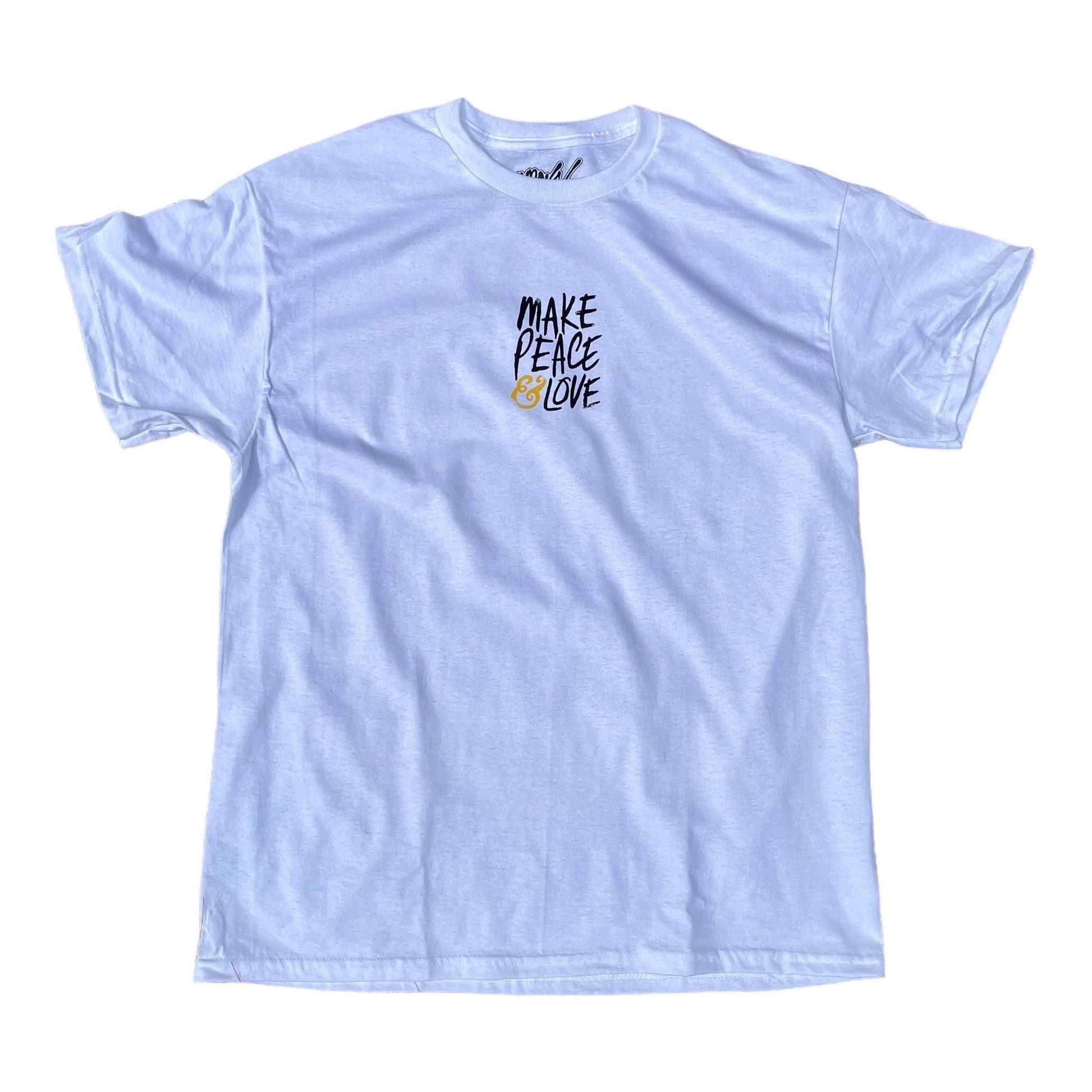 Light blue t-shirt with 'Make Peace Love' text on a white background
