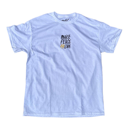 Light blue t-shirt with 'Make Peace Love' text on a white background