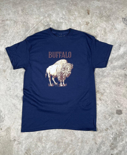 Navy blue t-shirt with a graphic of a buffalo and the word 'Buffalo' on a textured surface.