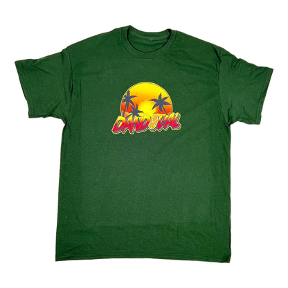 Green t-shirt with a 'Carnival' graphic design featuring palm trees and a sunset on a white background.