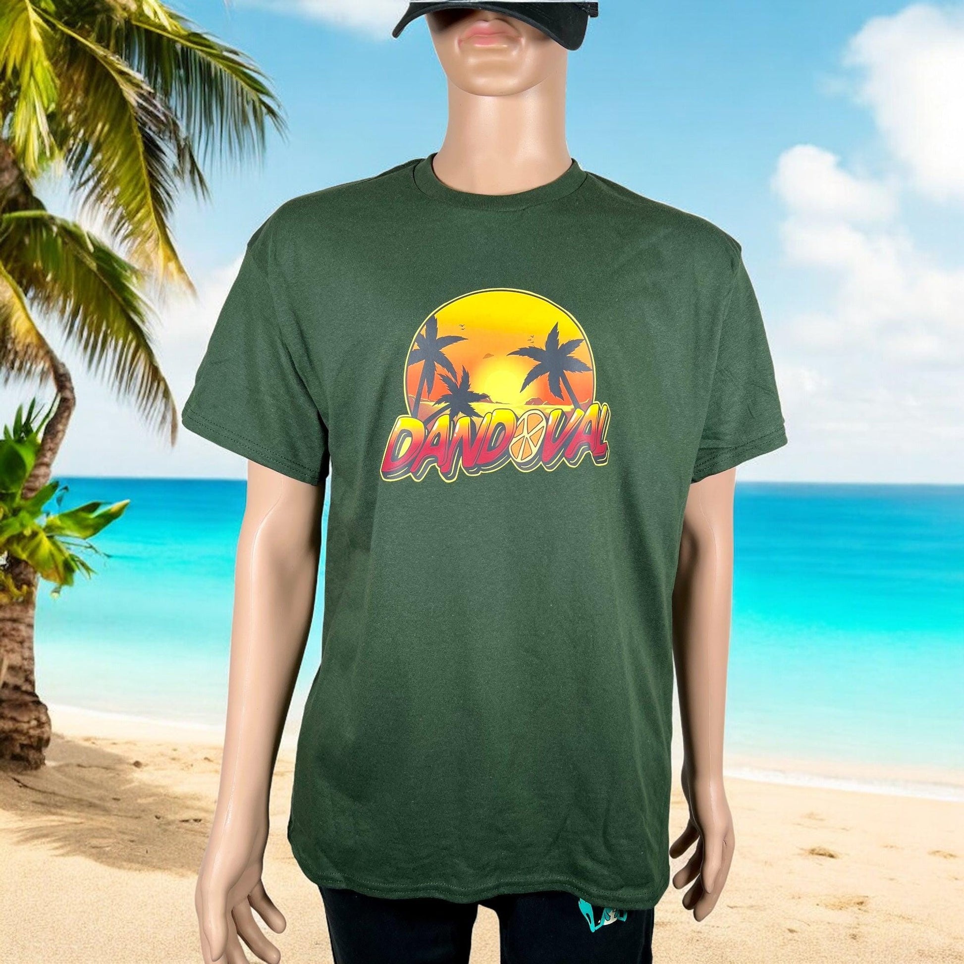 Mannequin wearing a green t-shirt with 'Bahama' design on a beach background