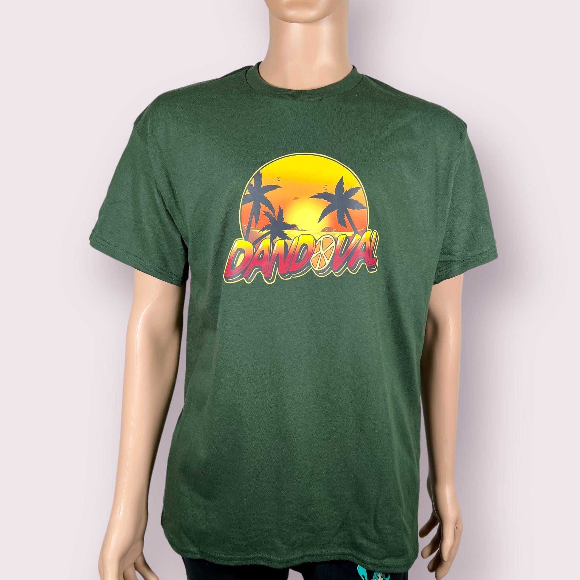 Green t-shirt with a colorful 'California' design on a mannequin against a white background