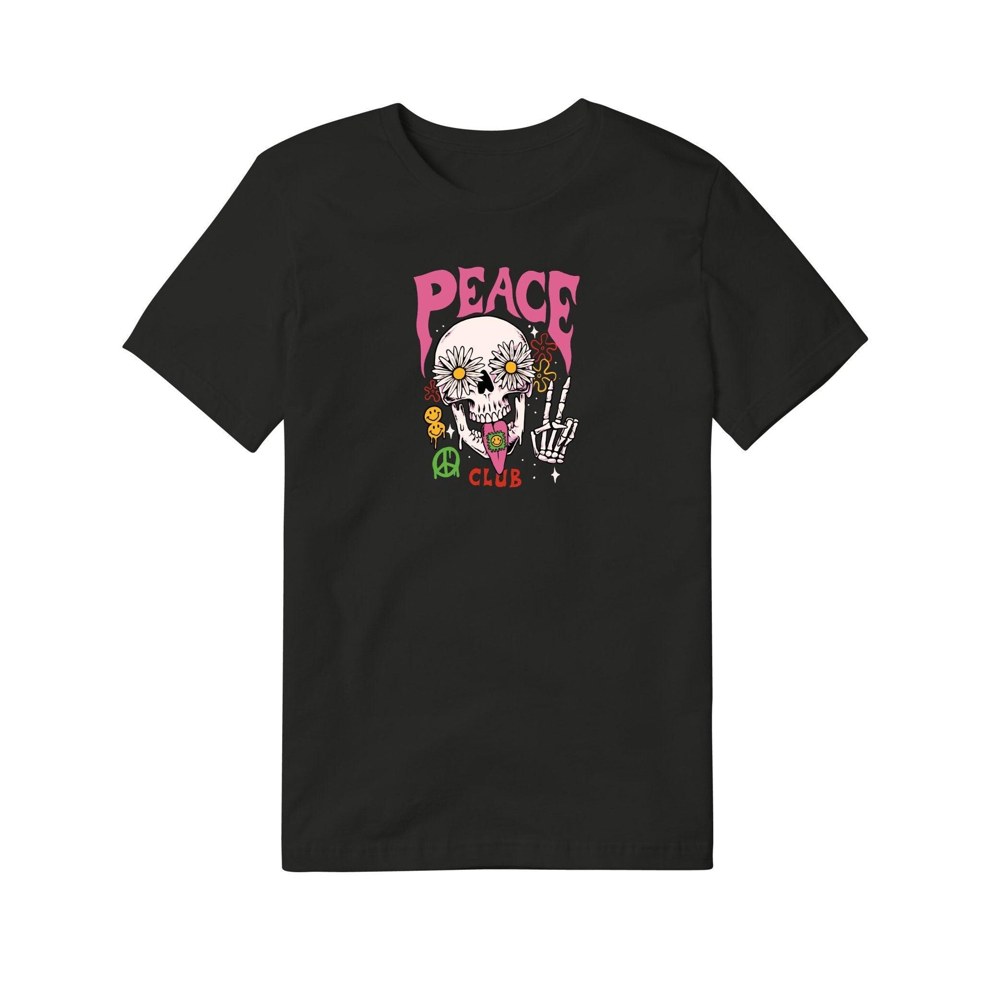 Black t-shirt with a colorful skull design and 'Peace Club' text on a white background