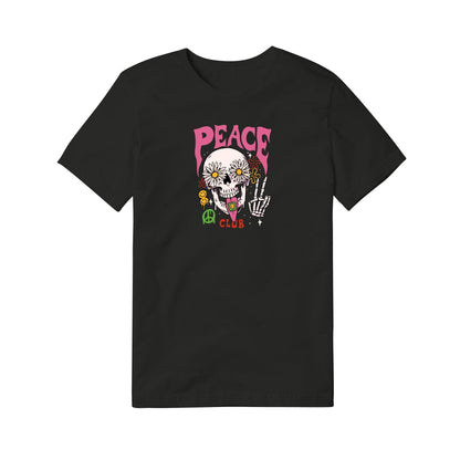 Black t-shirt with a colorful skull design and 'Peace Club' text on a white background