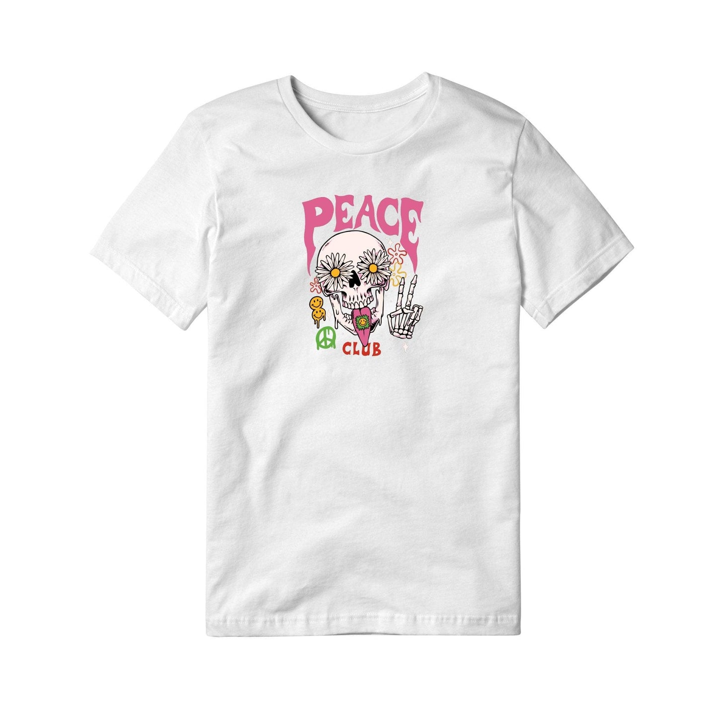 White t-shirt with a colorful skull design and 'Peace Club' text on a white background