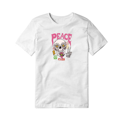 White t-shirt with a colorful skull design and 'Peace Club' text on a white background