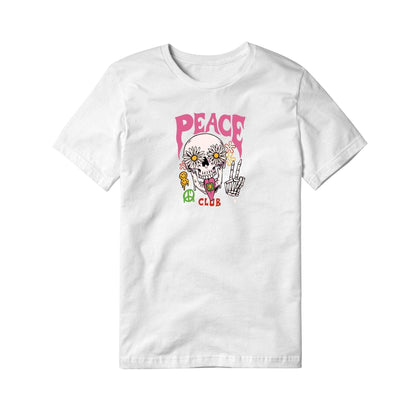 White t-shirt with a colorful skull design and 'Peace Club' text on a white background