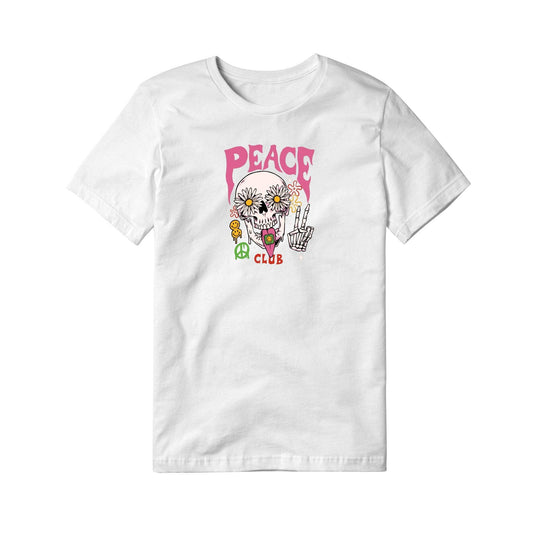 White t-shirt with a colorful skull design and 'Peace Club' text on a white background