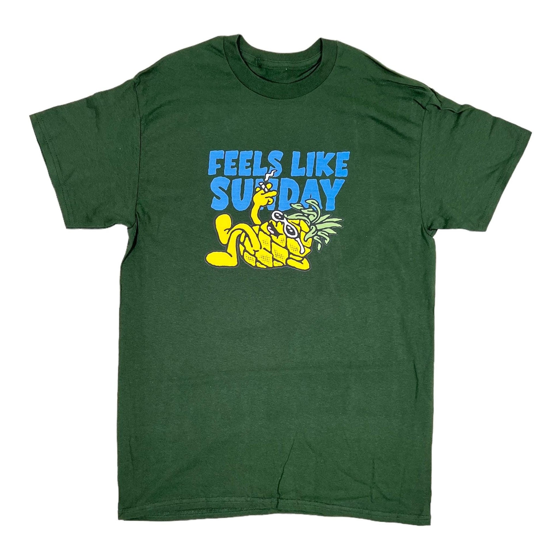 Green t-shirt with 'Feels Like Sunday' graphic design on a white background