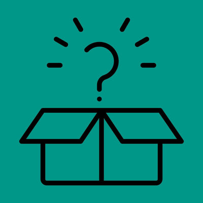 Open box with a question mark on a teal background