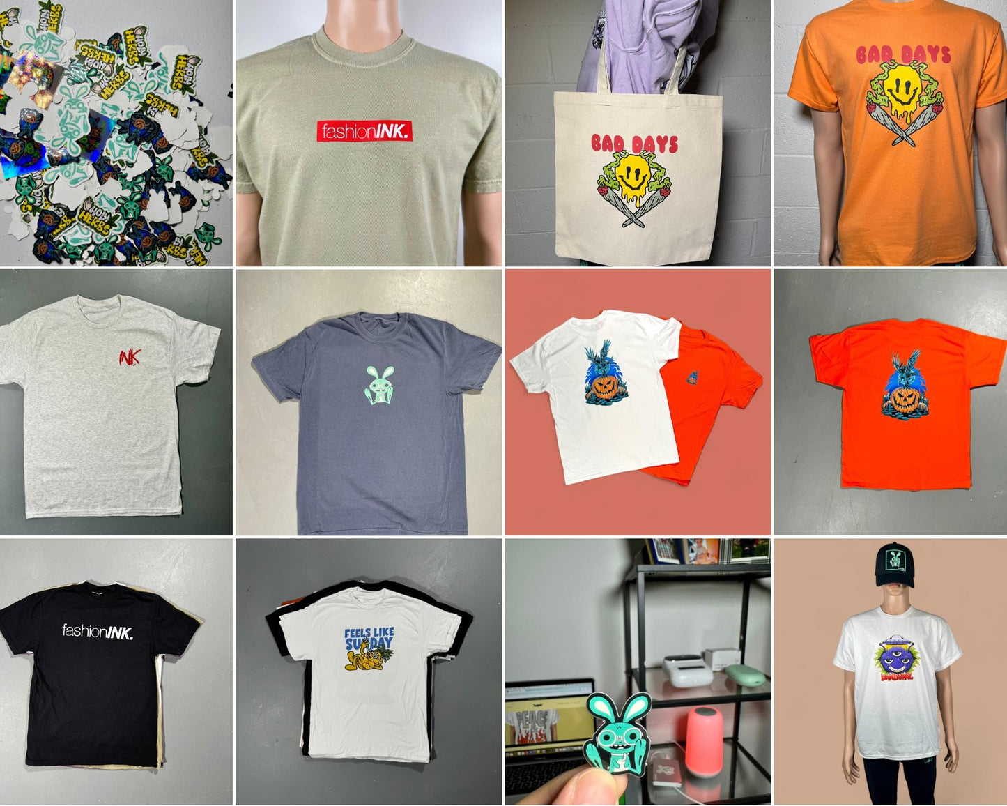 Collage of various t-shirts and a tote bag with different designs and colors.