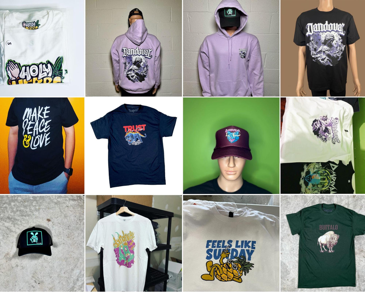 Collage of various t-shirts, hoodies, and caps with different designs on a grid.