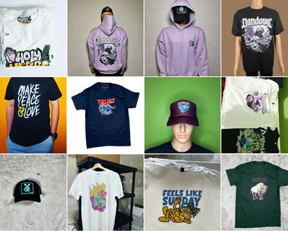 Collage of various t-shirts, hoodies, and caps with different designs on a grid.