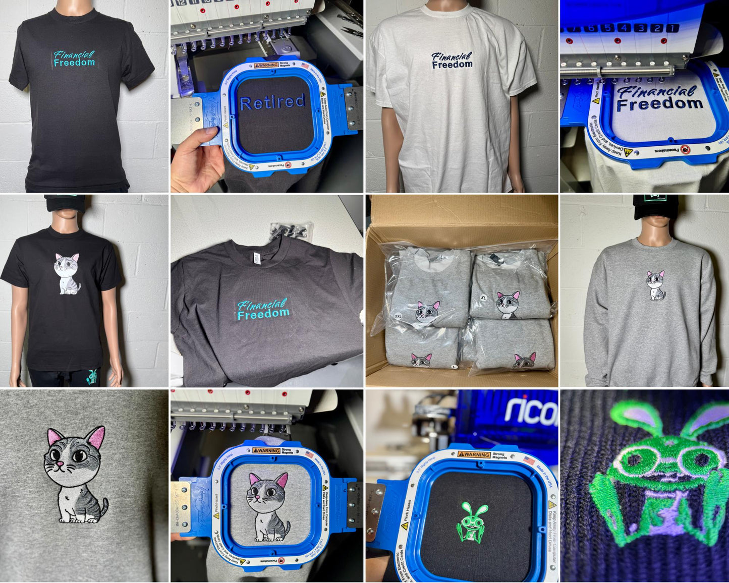 Collage of various printed products including t-shirts, sweatshirts, and a machine with printed designs.