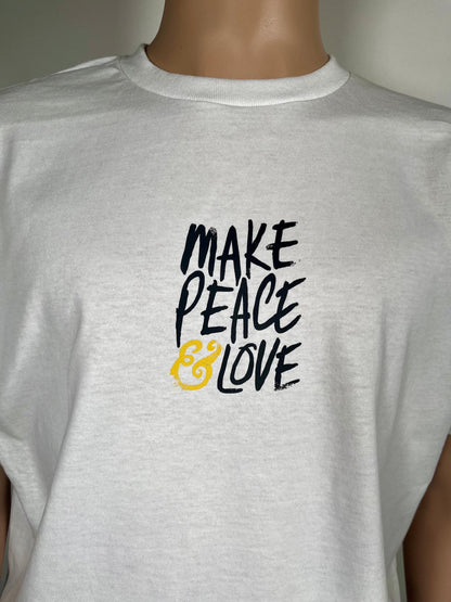 Gray t-shirt with 'MAKE PEACE & LOVE' text on a mannequin