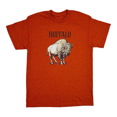 Orange t-shirt with a graphic of a buffalo and the word 'Buffalo' on a white background