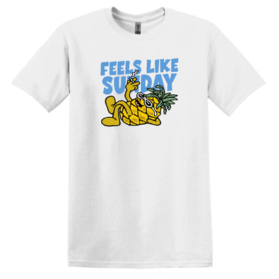 White t-shirt with a pineapple graphic and 'Feels Like Sunday' text on a white background