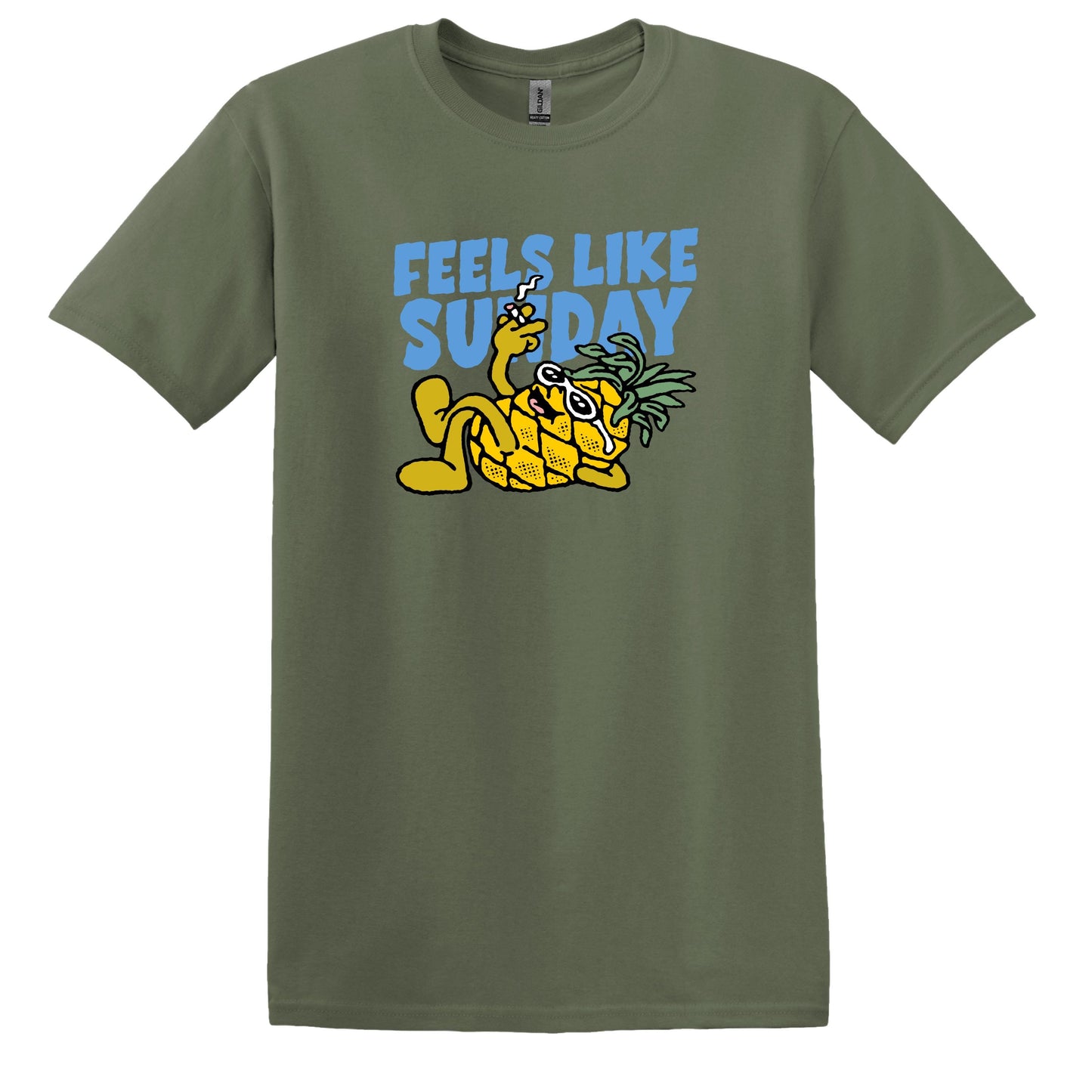 Green t-shirt with a pineapple graphic and 'Feels Like Sunday' text on a white background