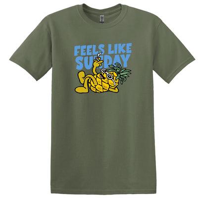 Green t-shirt with a pineapple graphic and 'Feels Like Sunday' text on a white background