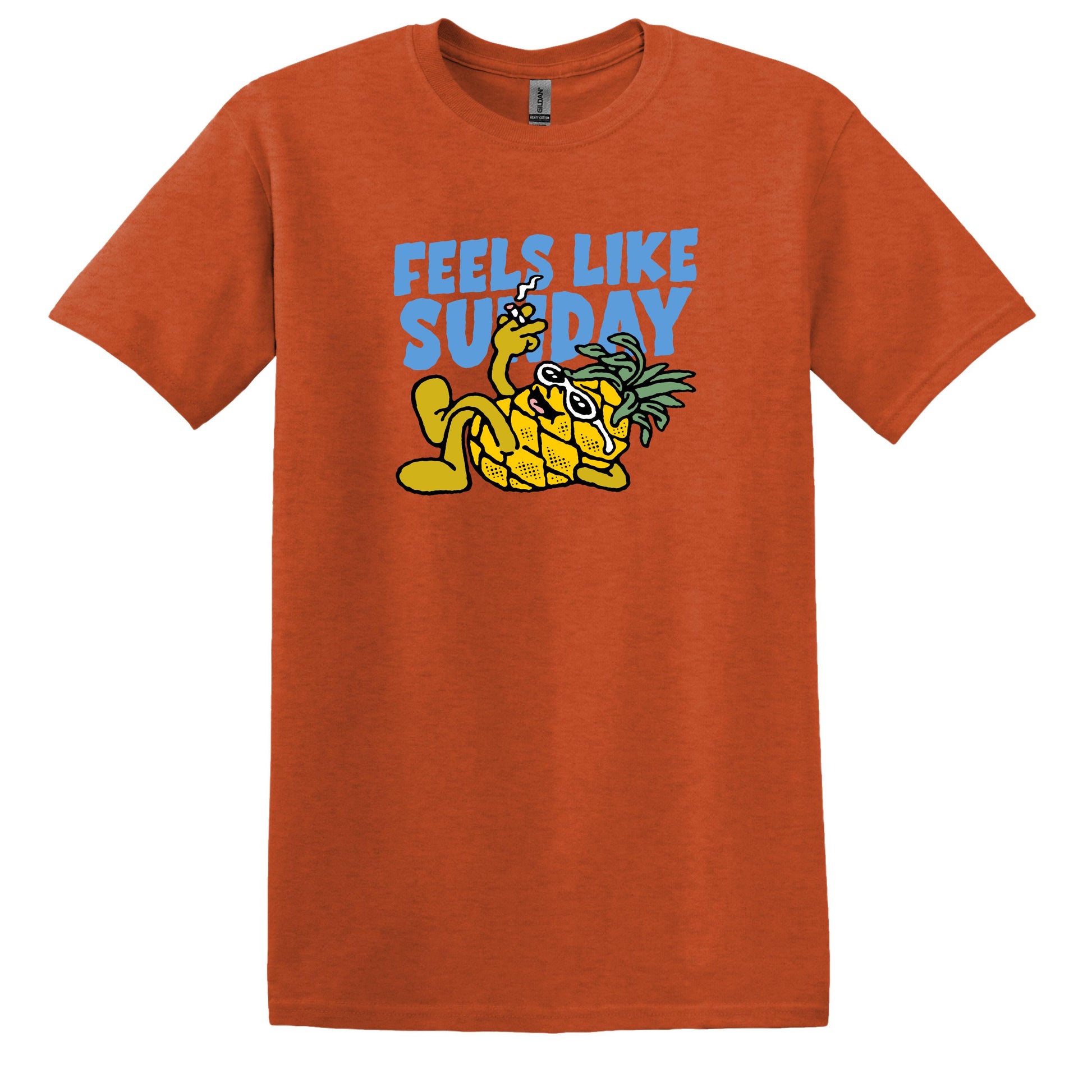 Orange t-shirt with a pineapple graphic and 'Feels Like Sunday' text on a white background