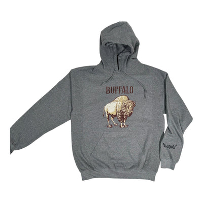 Gray hoodie with a bison graphic and 'Buffalo' text on a white background