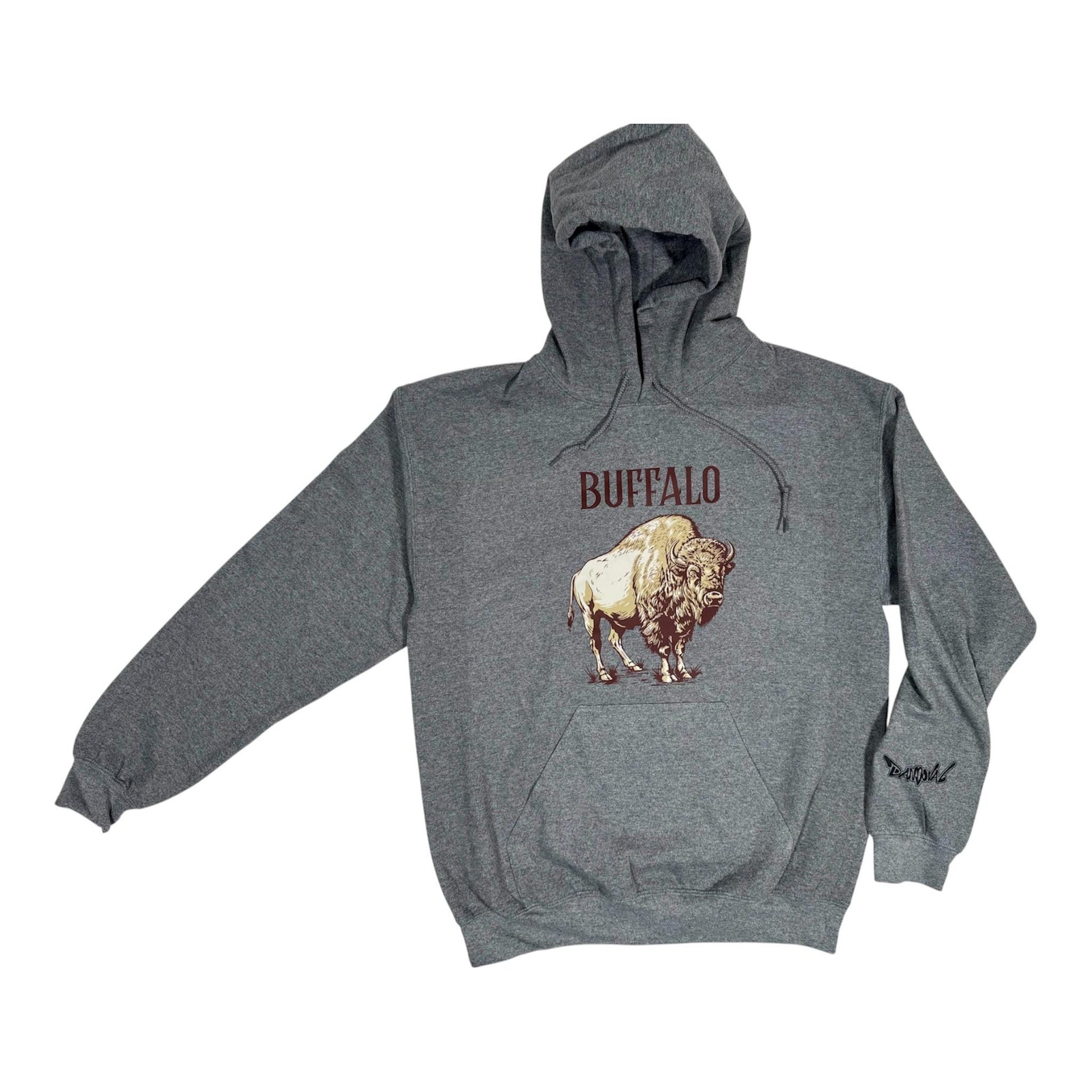 Gray hoodie with a bison graphic and 'Buffalo' text on a white background