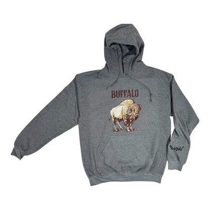 Gray hoodie with a bison graphic and 'Buffalo' text on a white background