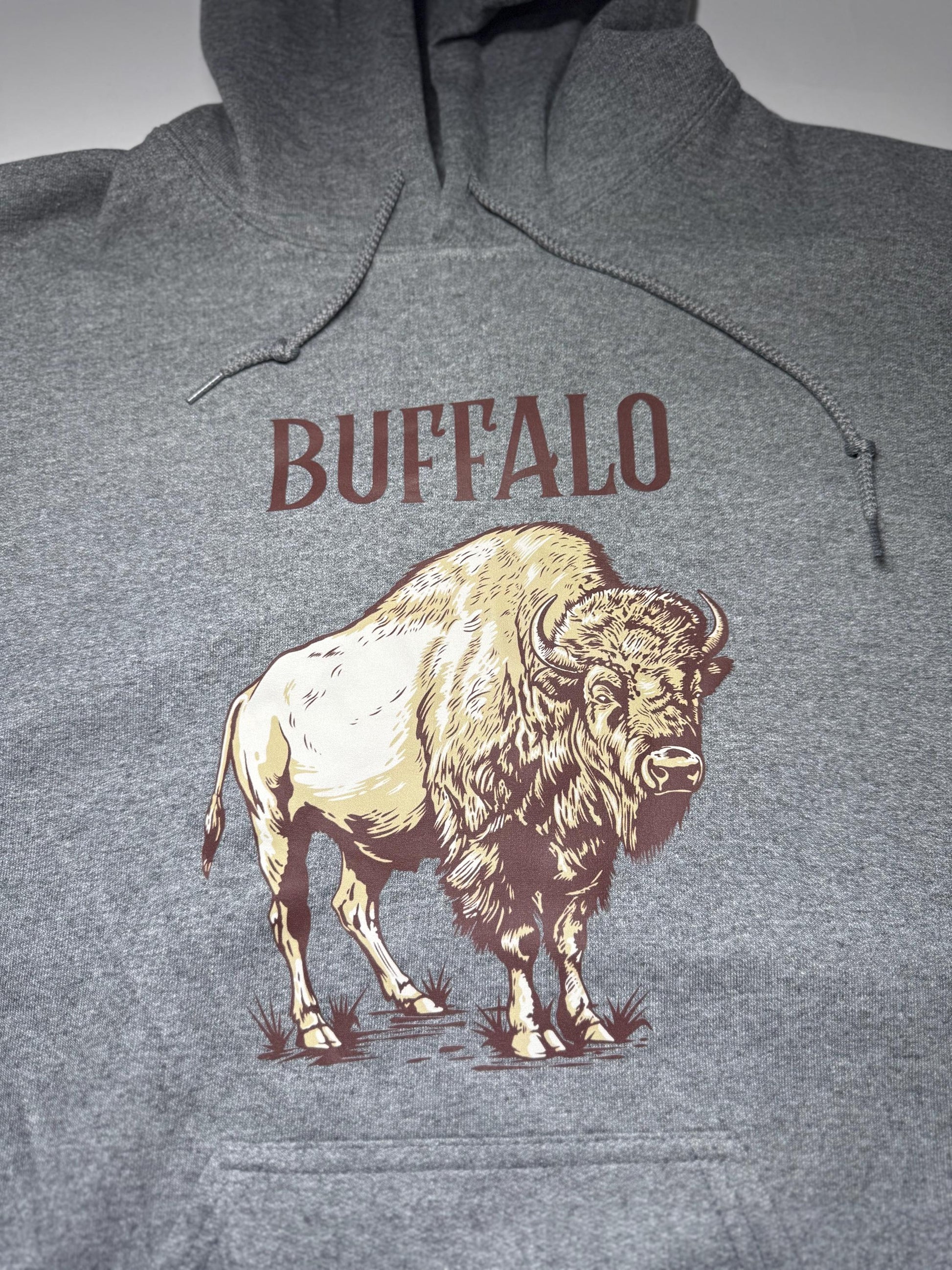 Gray hoodie with a graphic of a buffalo and the word 'Buffalo' on a gray background