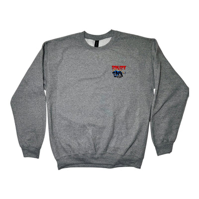 Gray sweatshirt with a small logo on the chest against a white background