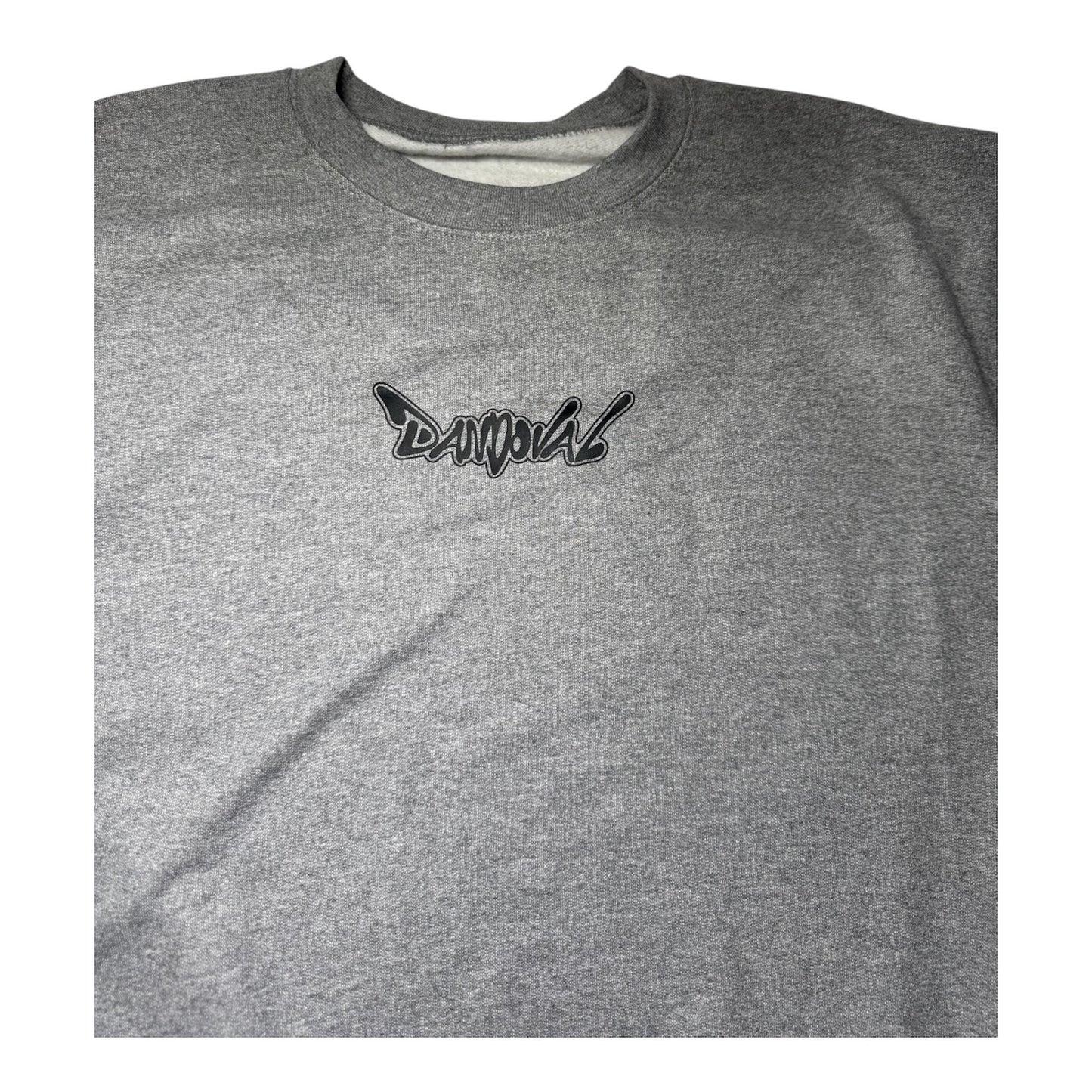 Gray t-shirt with a black logo on a white background