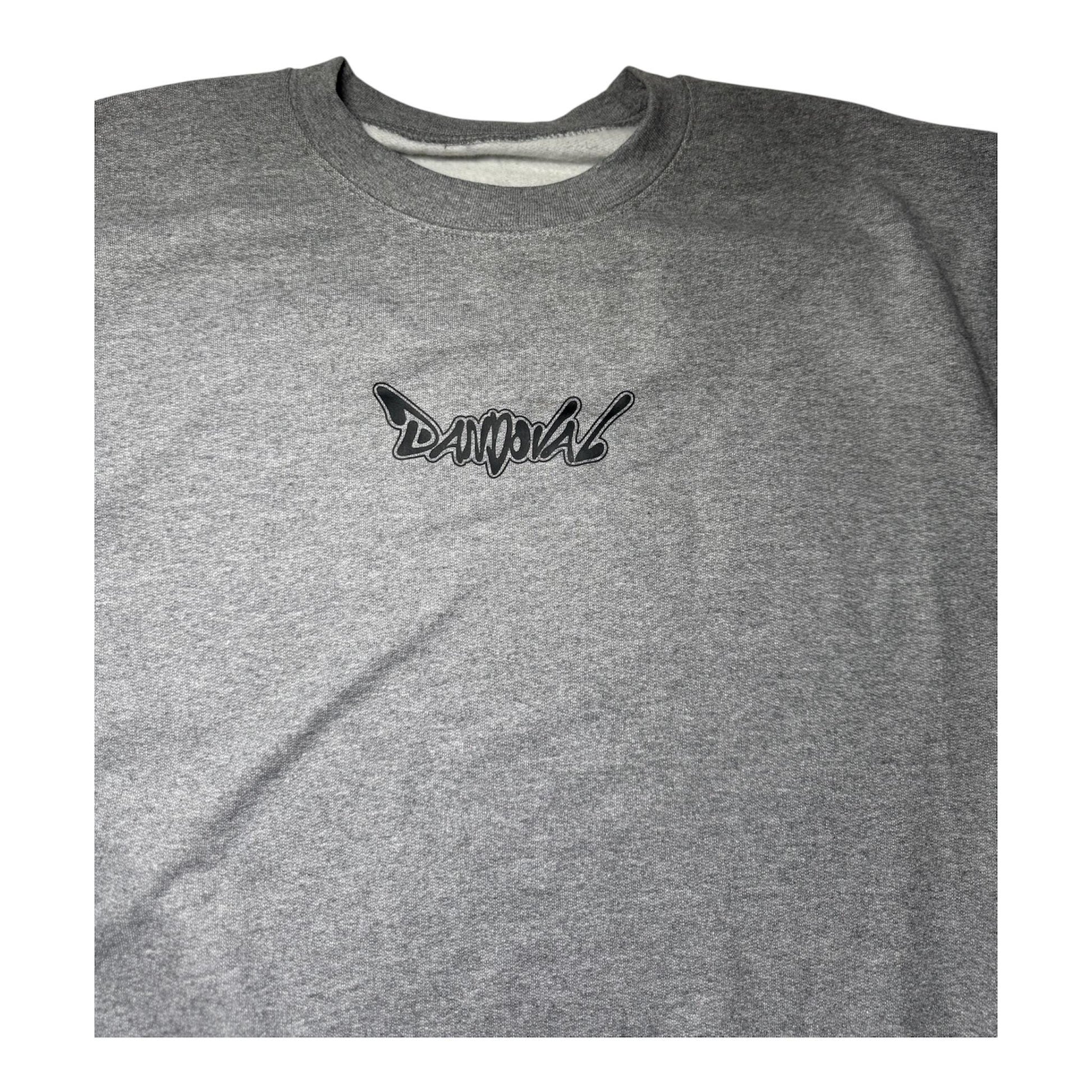 Gray t-shirt with a black logo on a white background