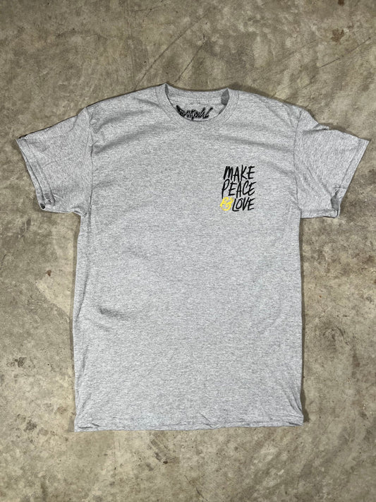 "Front view of MAKE PEACE & LOVE T-Shirt with bold front print, made from 100% combed ringspun cotton."