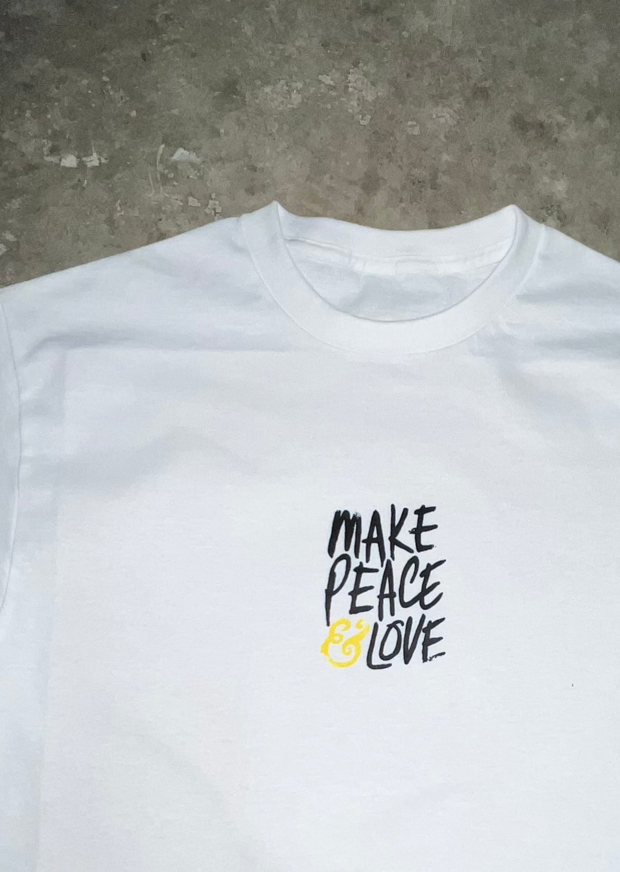 "Make Peace & Love T-Shirt in Small with Front Print, 100% Preshrunk Cotton, Unisex Design, Affordable Clothing, Comfortable and Durable Tee Promoting Peace & Love"