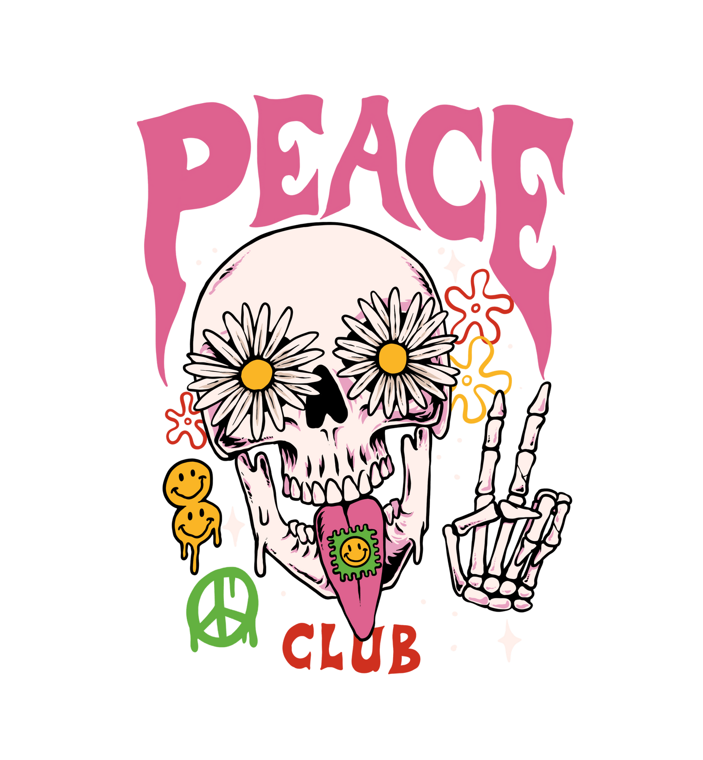 "Peace Club T-Shirt with Peace Skull Design on White Fabric"